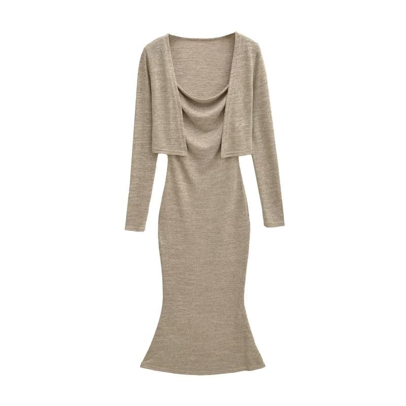 Set: Plain Crop Cardigan + Long-Sleeve Maxi Mermaid Dress