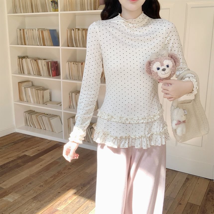 Dotted Frill Trim Mock Neck Tee