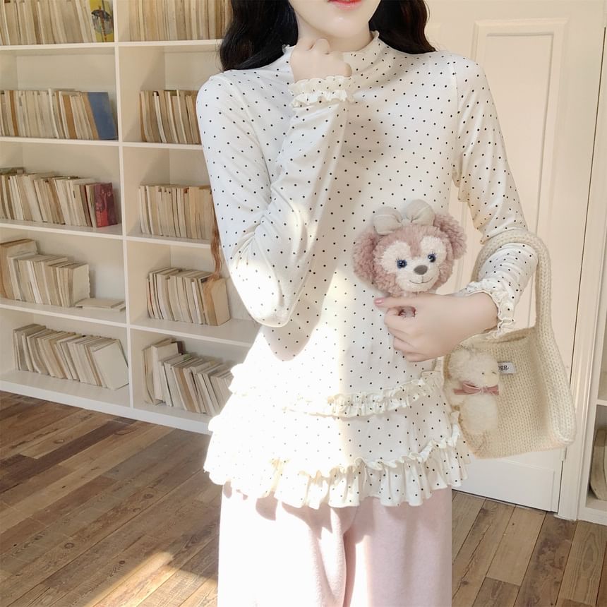Dotted Frill Trim Mock Neck Tee