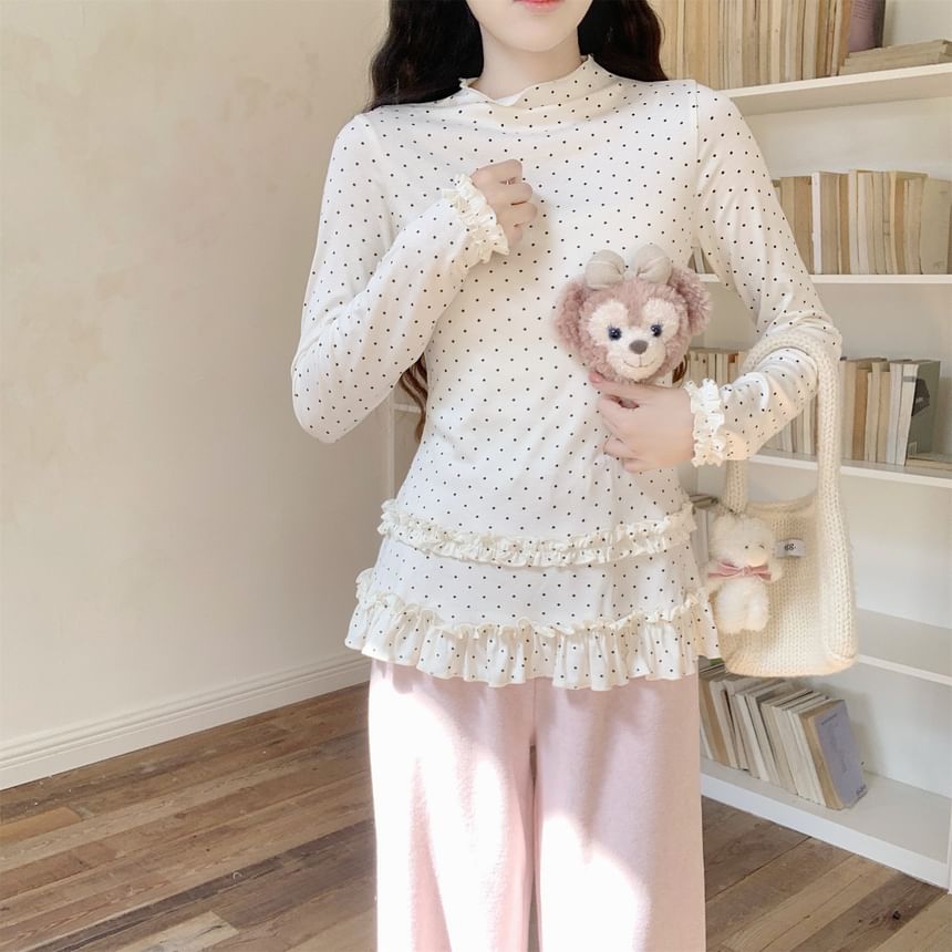 Dotted Frill Trim Mock Neck Tee