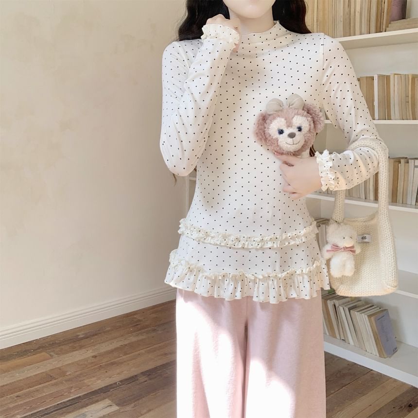 Dotted Frill Trim Mock Neck Tee