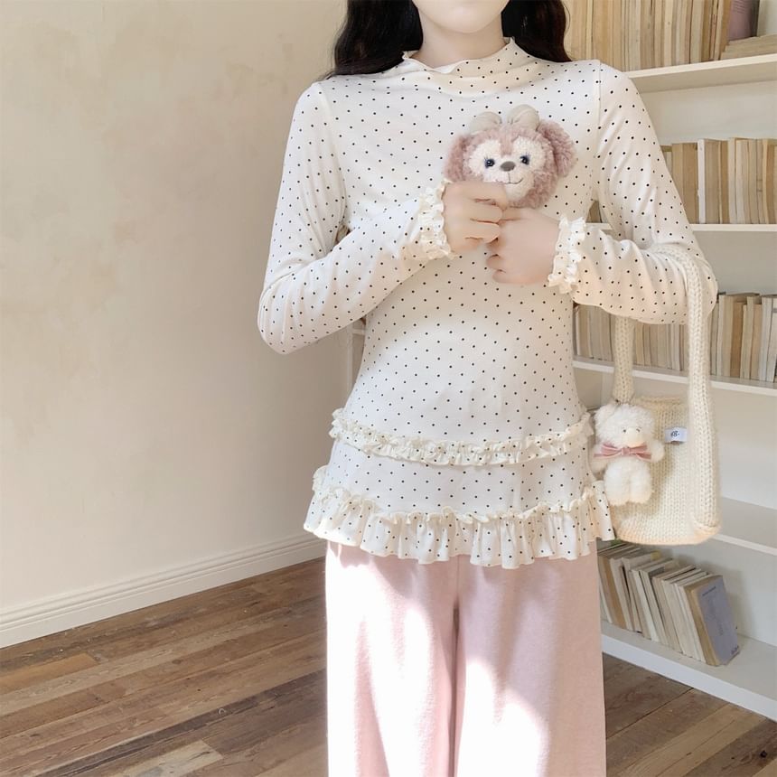 Dotted Frill Trim Mock Neck Tee