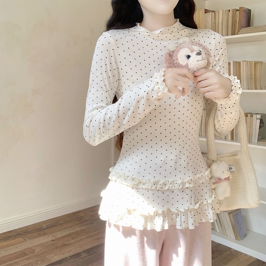 Dotted Frill Trim Mock Neck Tee