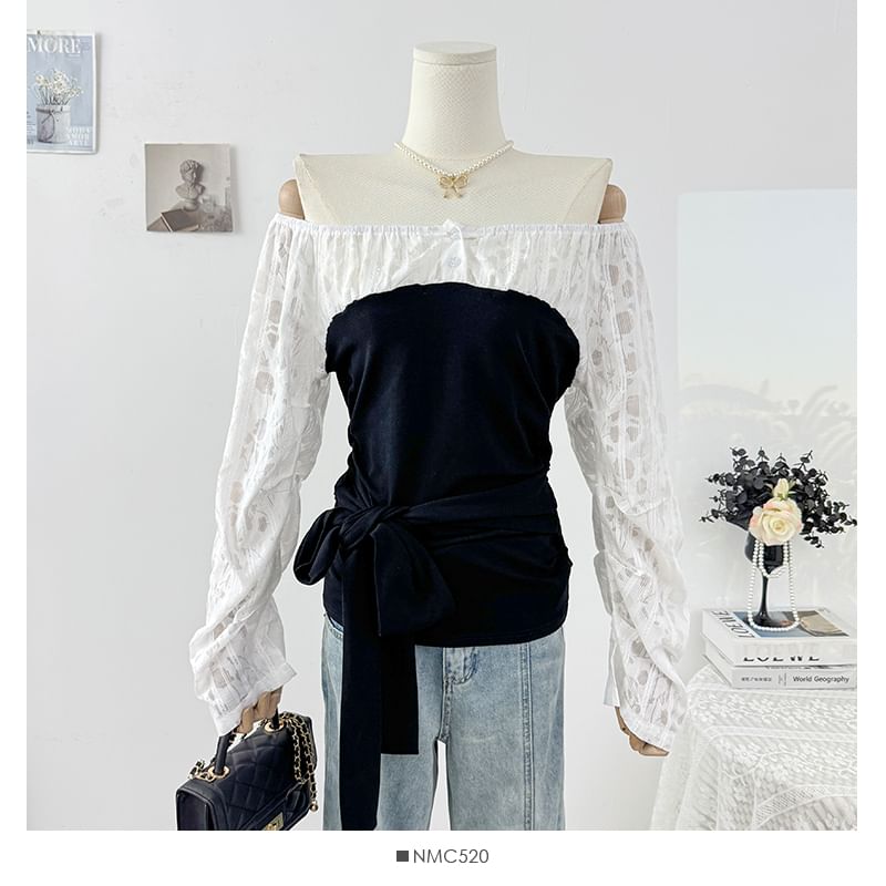 Mock Two-Piece Off Shoulder Lace Panel Top