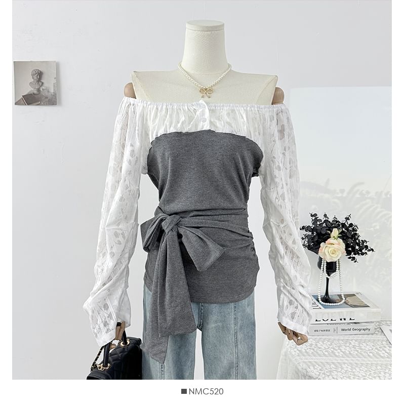 Mock Two-Piece Off Shoulder Lace Panel Top
