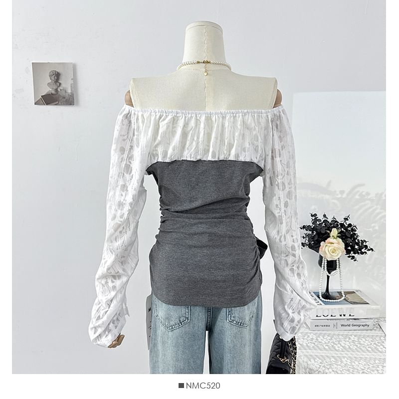 Mock Two-Piece Off Shoulder Lace Panel Top
