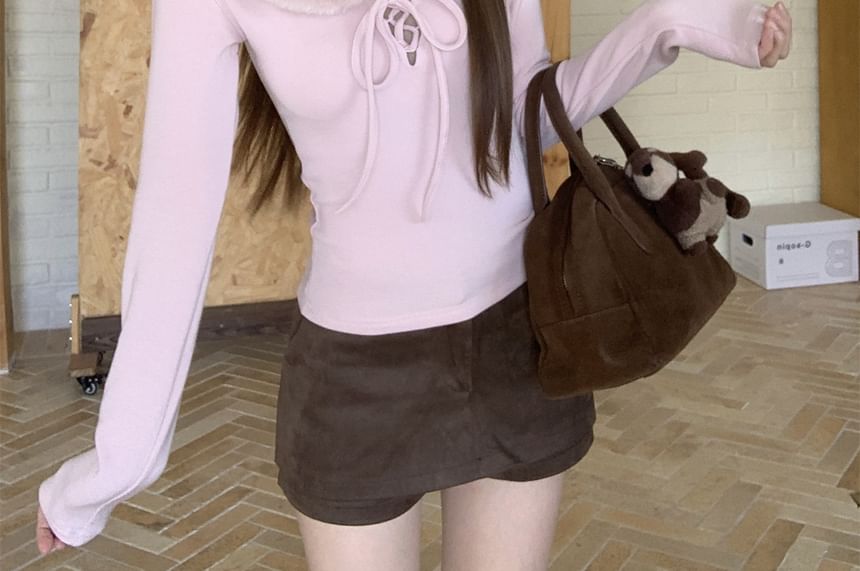 Fluffy Collar Lace-Up Plain T-Shirt Long Sleeve