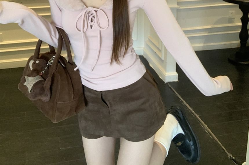 Fluffy Collar Lace-Up Plain T-Shirt Long Sleeve