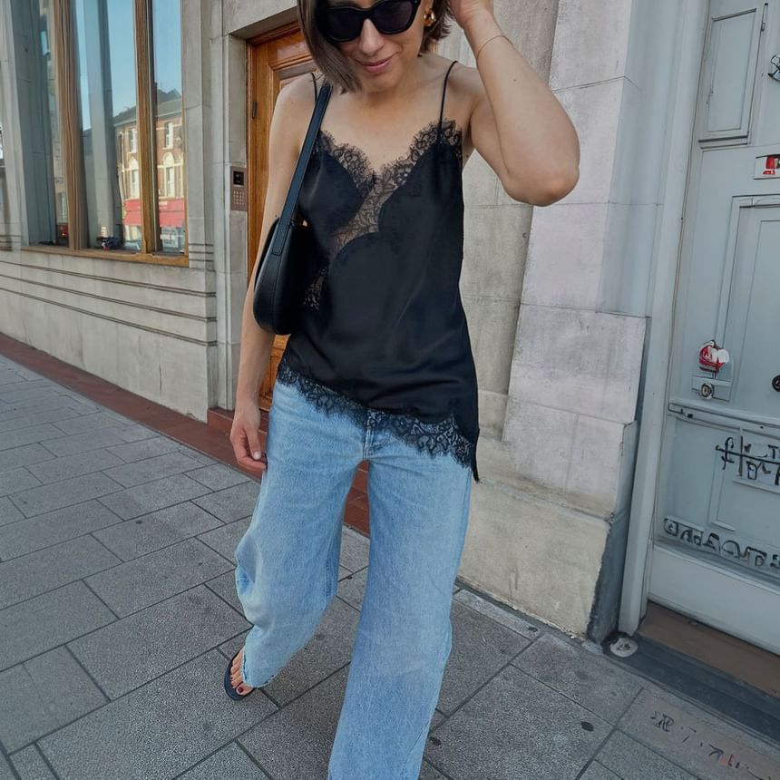 V-Neck Lace Panel Satin Camisole Top