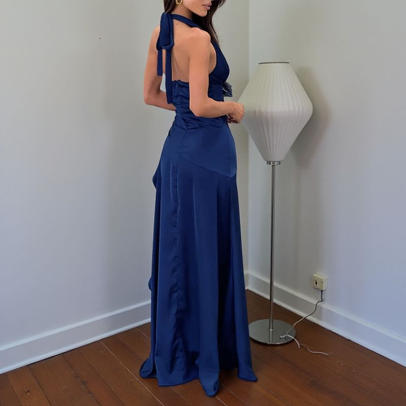 Halter Neck V-Neck Plain Slit Maxi A-Line Dress