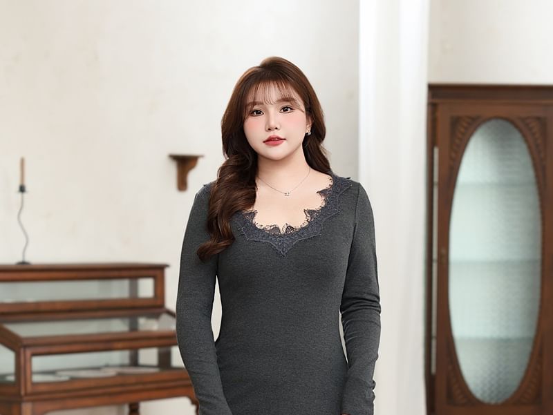 Long Sleeve Scoop Neck Plain Panel Lace Maxi Mermaid Dress