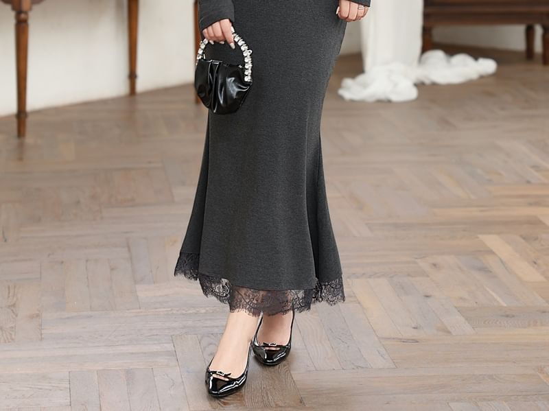 Long Sleeve Scoop Neck Plain Panel Lace Maxi Mermaid Dress