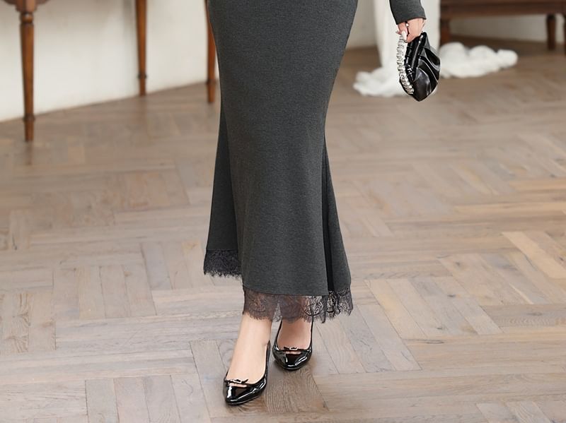 Long Sleeve Scoop Neck Plain Panel Lace Maxi Mermaid Dress