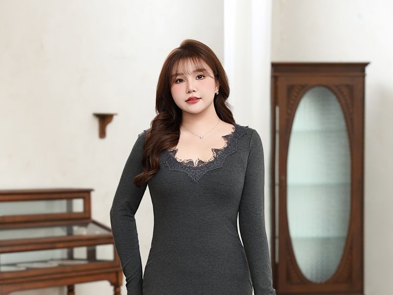 Long Sleeve Scoop Neck Plain Panel Lace Maxi Mermaid Dress