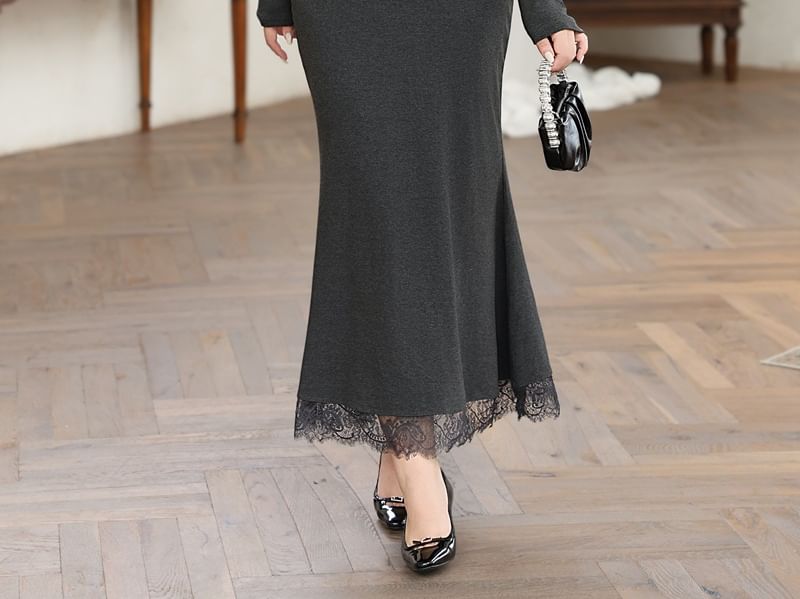 Long Sleeve Scoop Neck Plain Panel Lace Maxi Mermaid Dress