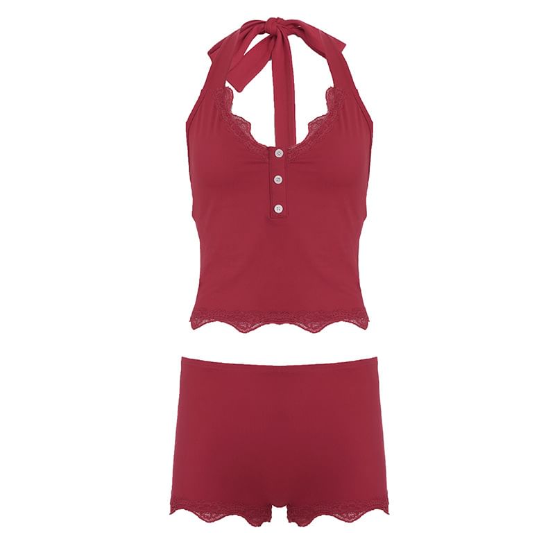 Set: Halter V-Neck Lace Trim Crop Top + Low Rise Hot Pants