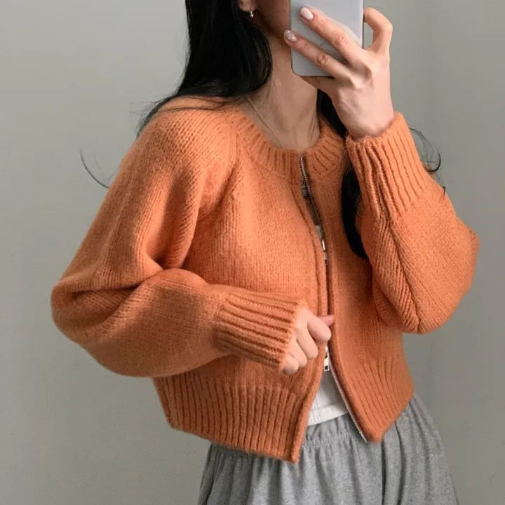 Round Neck Zip Plain Cardigan