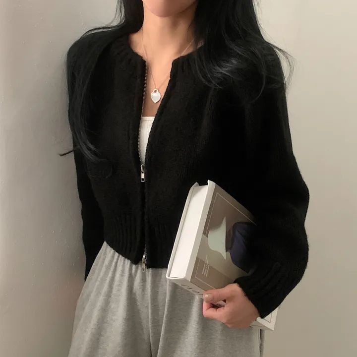 Round Neck Zip Plain Cardigan