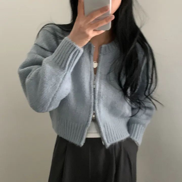 Round Neck Zip Plain Cardigan