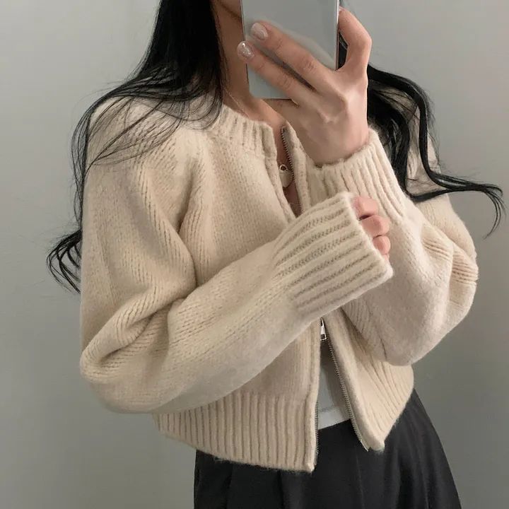 Round Neck Zip Plain Cardigan