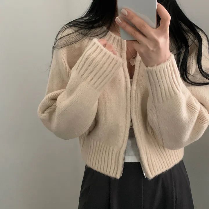 Round Neck Zip Plain Cardigan