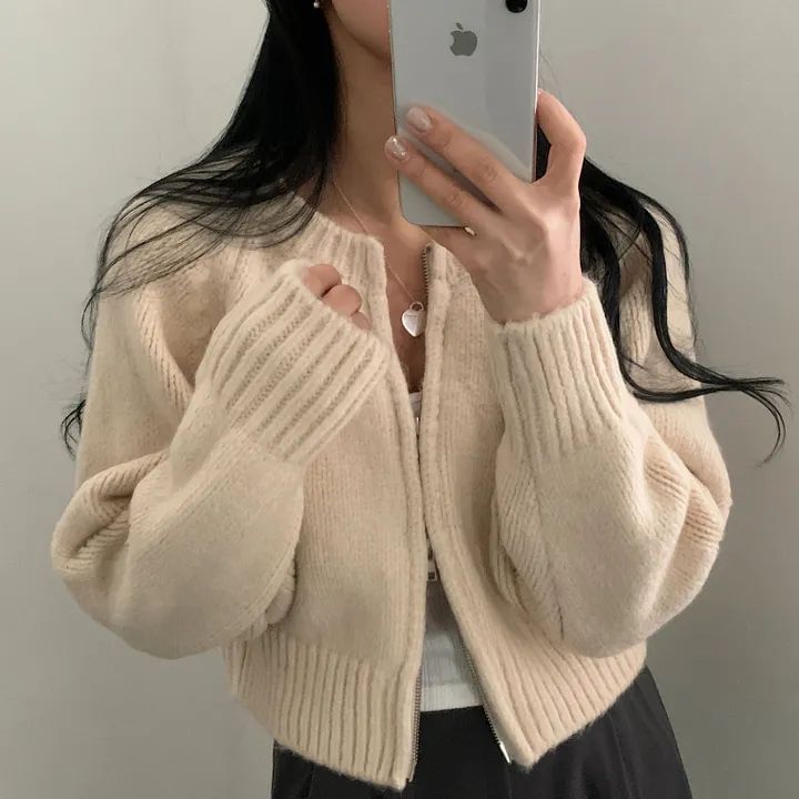 Round Neck Zip Plain Cardigan