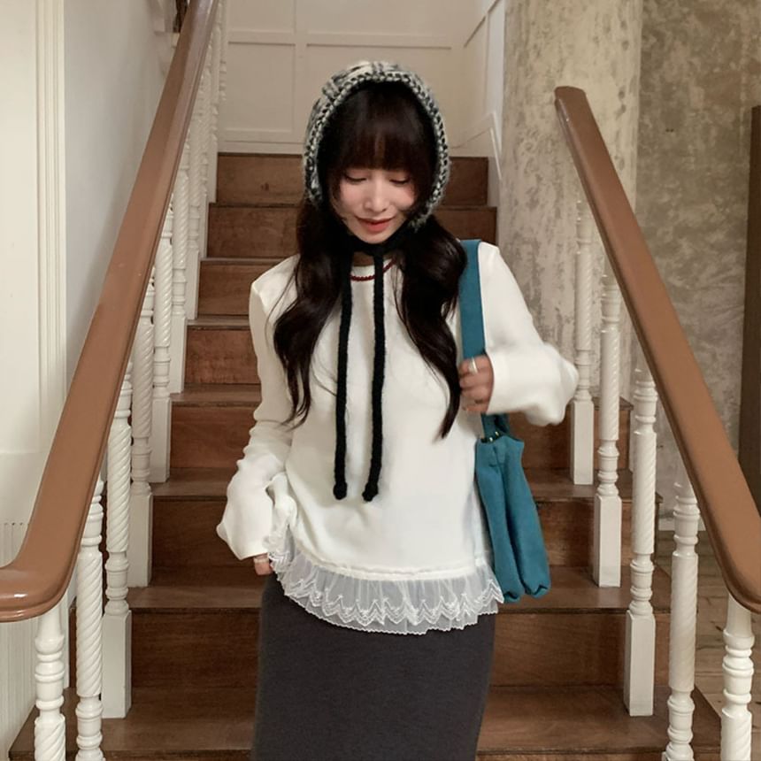 Crew Neck Lace Trim Sweater