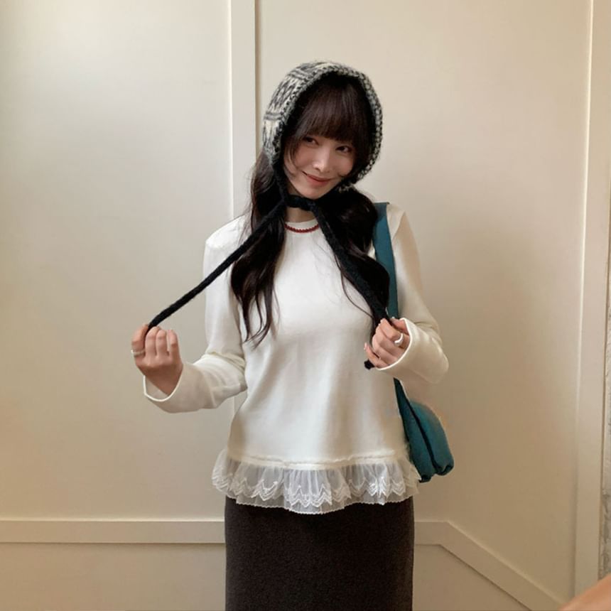 Crew Neck Lace Trim Sweater