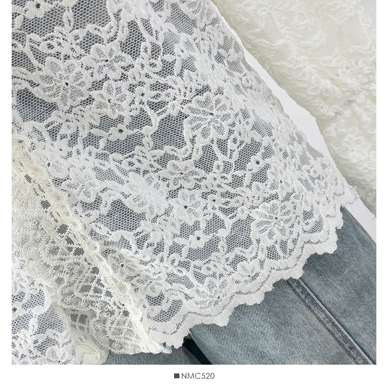 Stand Collar Button-Up Lace Blouse Long Sleeve