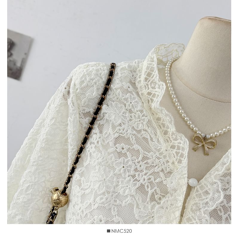 Stand Collar Button-Up Lace Blouse Long Sleeve