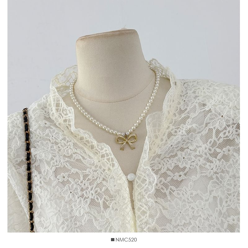 Stand Collar Button-Up Lace Blouse Long Sleeve