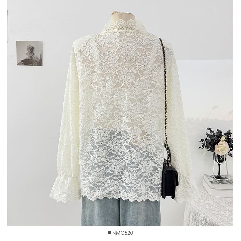 Stand Collar Button-Up Lace Blouse Long Sleeve
