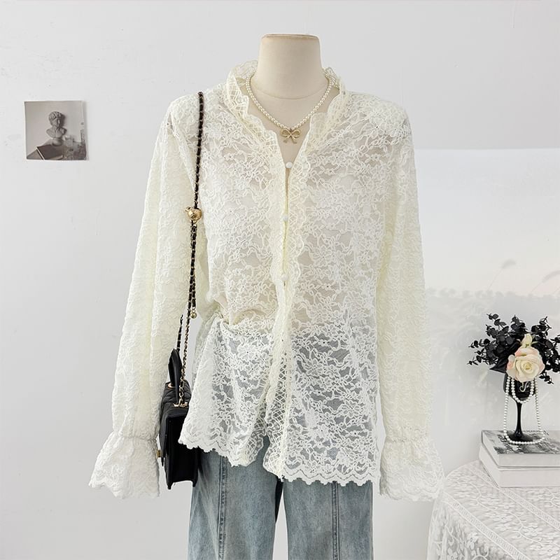 Stand Collar Button-Up Lace Blouse Long Sleeve