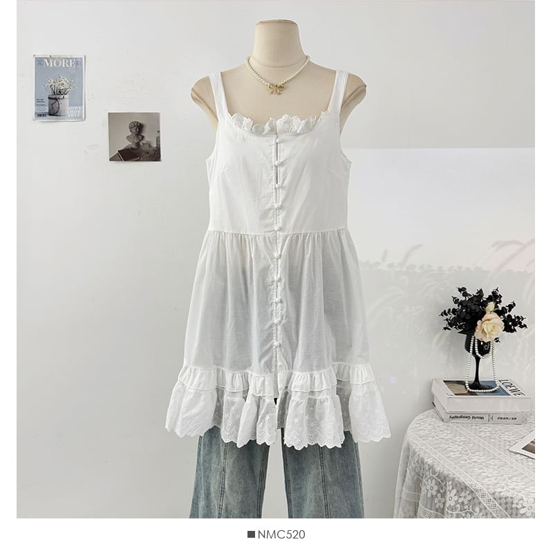 Scoop Neck Eyelet Lace Panel Frill Trim Tunic