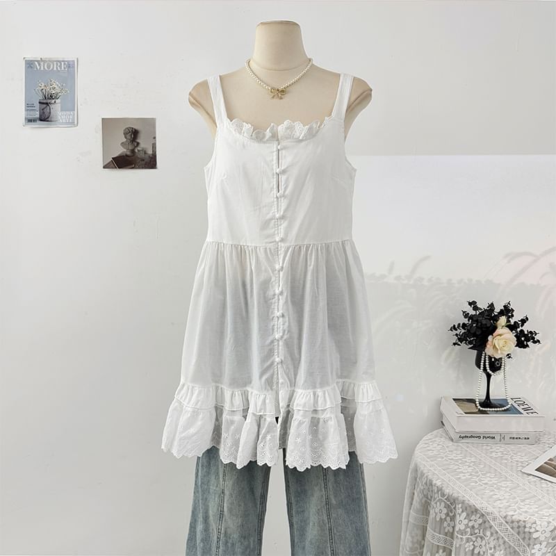 Scoop Neck Eyelet Lace Panel Frill Trim Tunic
