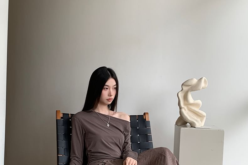 Long Sleeve Off Shoulder Mock Two Piece Maxi A-Line  Dress