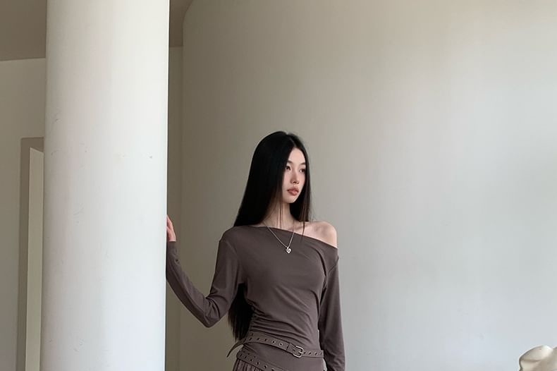 Long Sleeve Off Shoulder Mock Two Piece Maxi A-Line  Dress