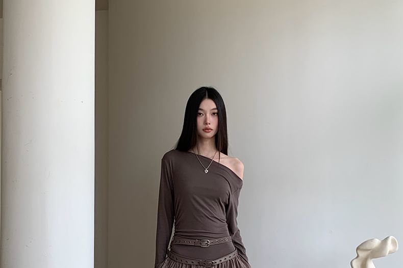 Long Sleeve Off Shoulder Mock Two Piece Maxi A-Line  Dress