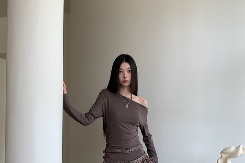 Long Sleeve Off Shoulder Mock Two Piece Maxi A-Line  Dress