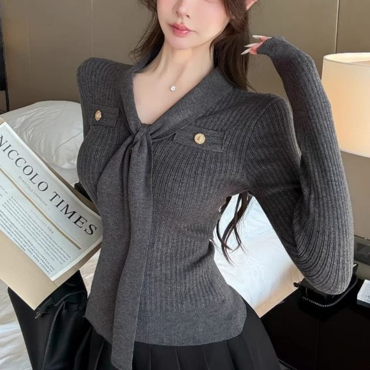 Ribbed V-Neck Knit Top Long Sleeve