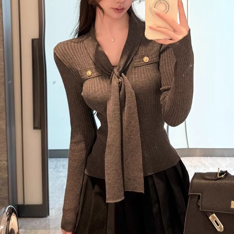 Ribbed V-Neck Knit Top Long Sleeve