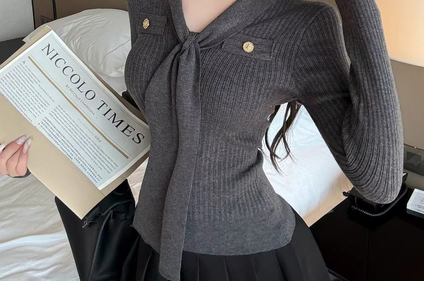 Ribbed V-Neck Knit Top Long Sleeve