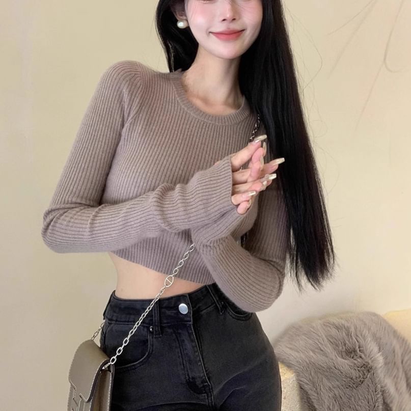 Slim Fit Long-Sleeve Knit Crop Top