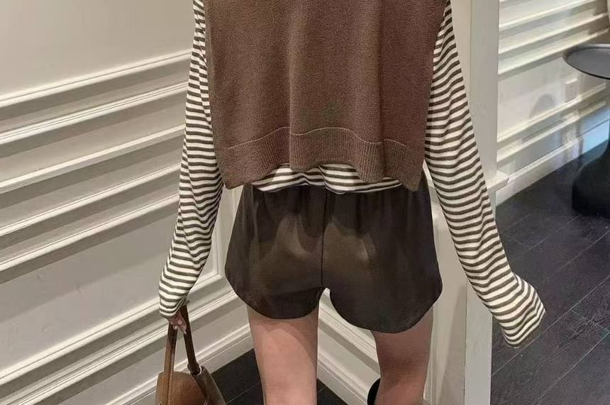 Striped Two-Piece Knit Top with Round Neck