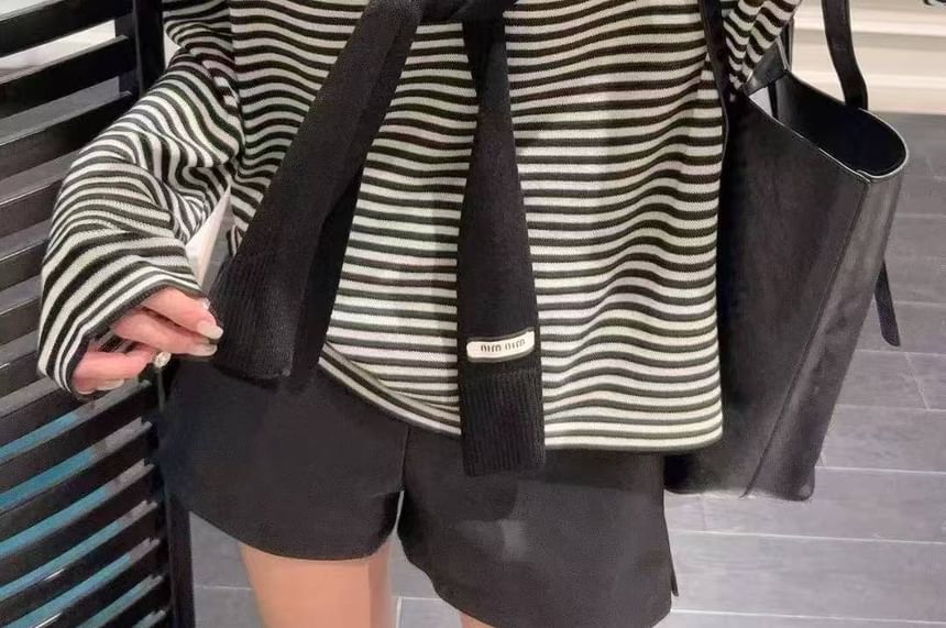 Striped Two-Piece Knit Top with Round Neck