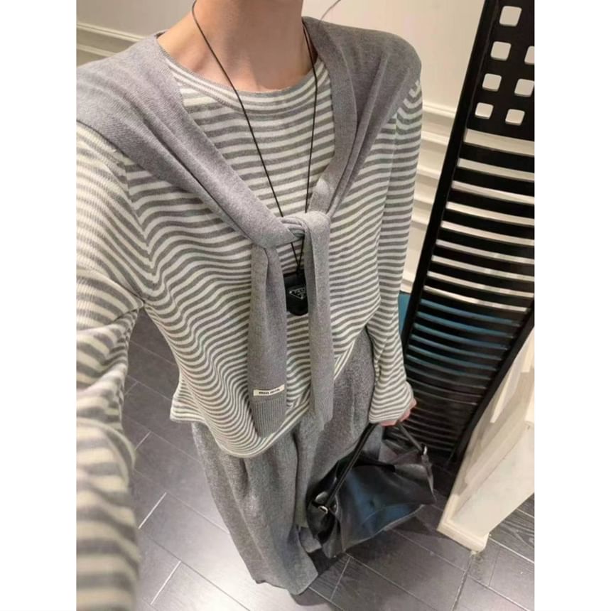 Striped Two-Piece Knit Top with Round Neck