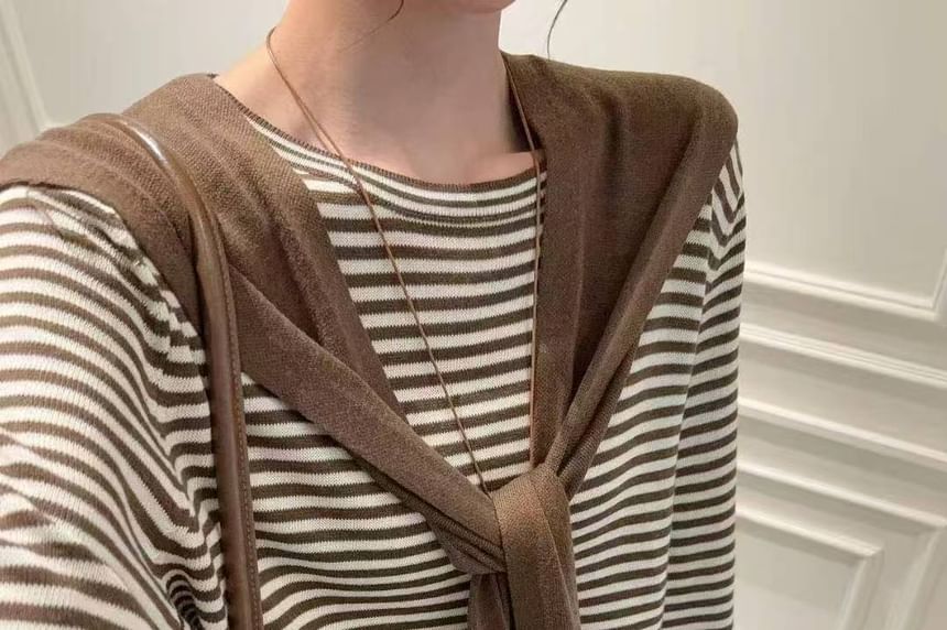Striped Two-Piece Knit Top with Round Neck