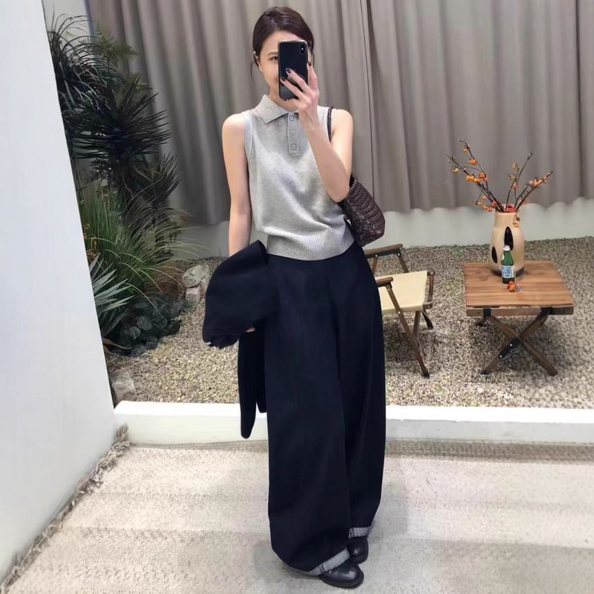 Sleeveless Collared Knit Top and Crop Sweater Set