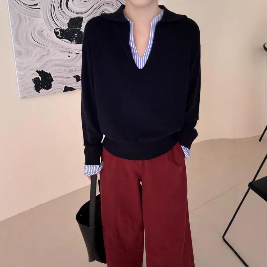 Two-Piece V-Neck Collared Knit Sweater