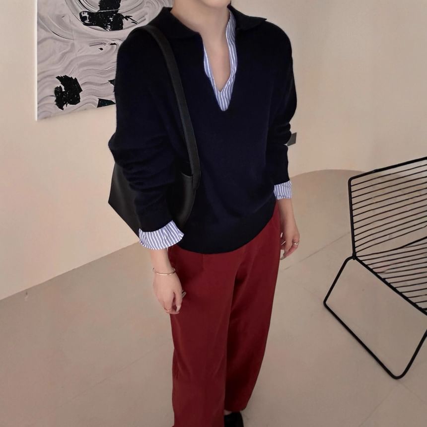 Two-Piece V-Neck Collared Knit Sweater